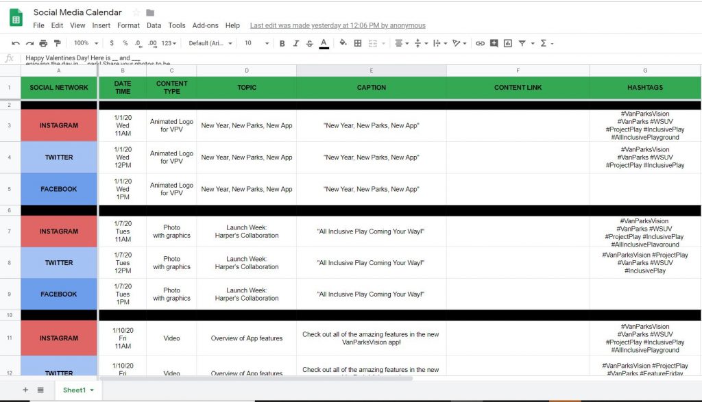 Social media calendar in Google Docs
